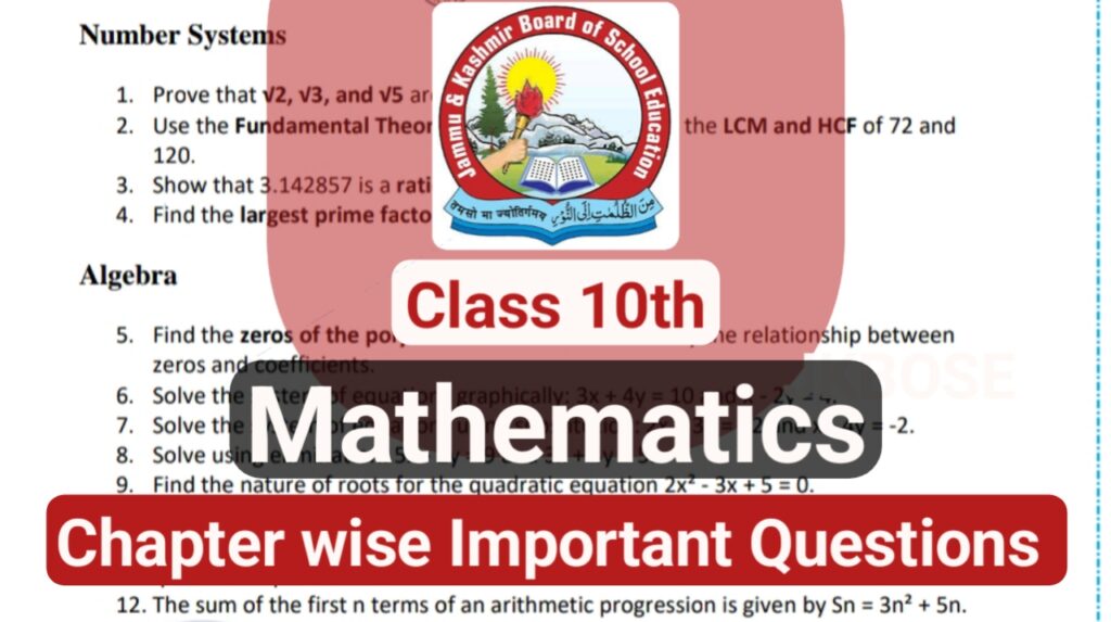 JKBOSE class 10th Math important questions